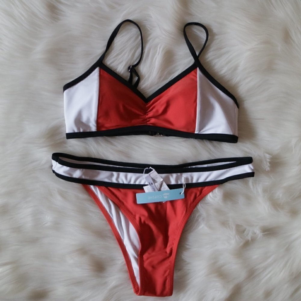 NEW Orange Black White Sporty Color Block Low Rise Bikini Swim Set Size Medium
